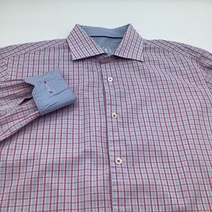 Bugatchi Mens Long Sleeve Button Up Shirt Pink Checkered Size 16‎ 34/35
